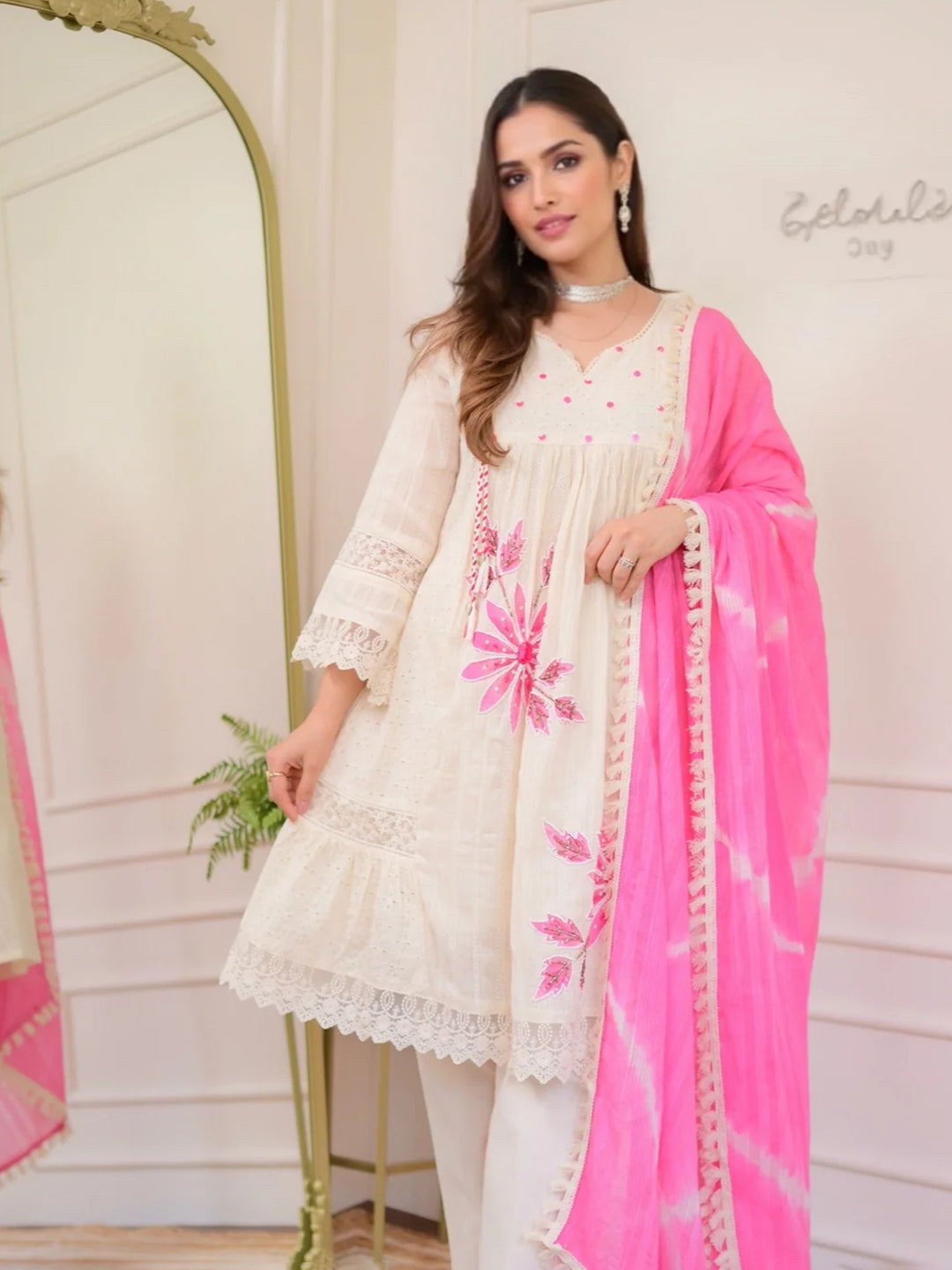 Embroidered Cotton Kurta With Pant &amp; Dupatta