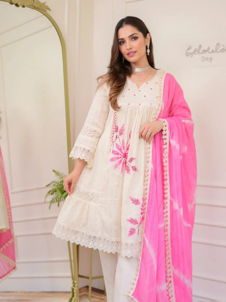 Embroidered Cotton Kurta With Pant &amp; Dupatta