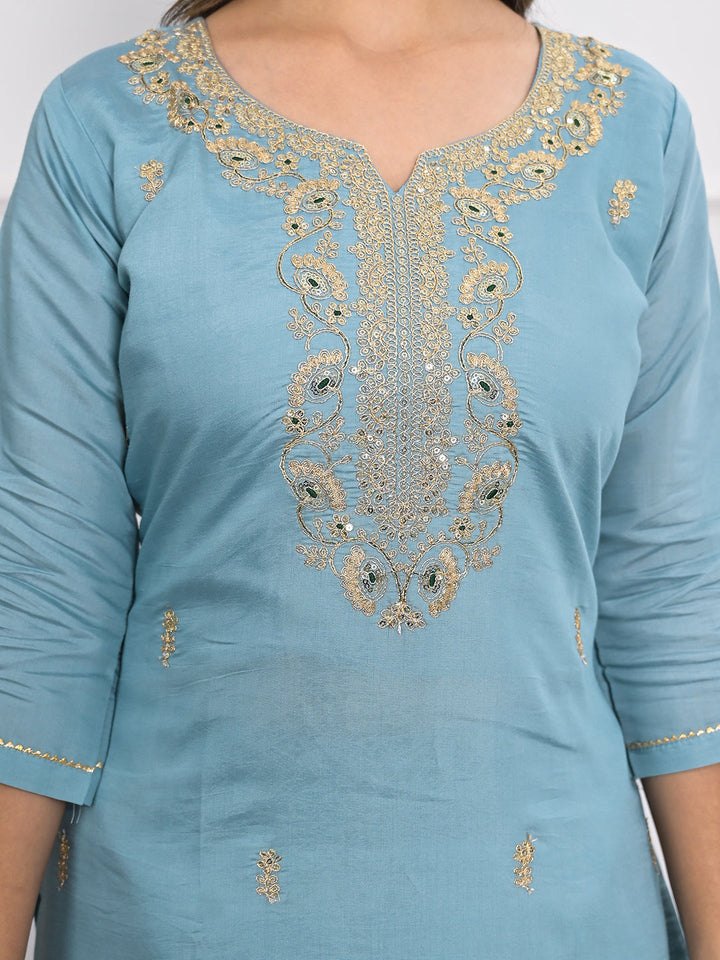 Neck Embroidery Muslin Kurta With Pants &amp; Dupatta