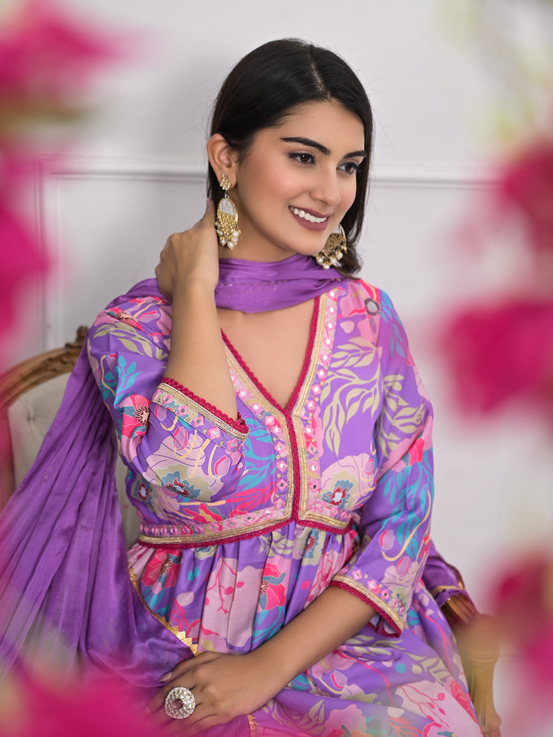 Digital Printed Cotton Blend Kurta With Pants &amp; Dupatta
