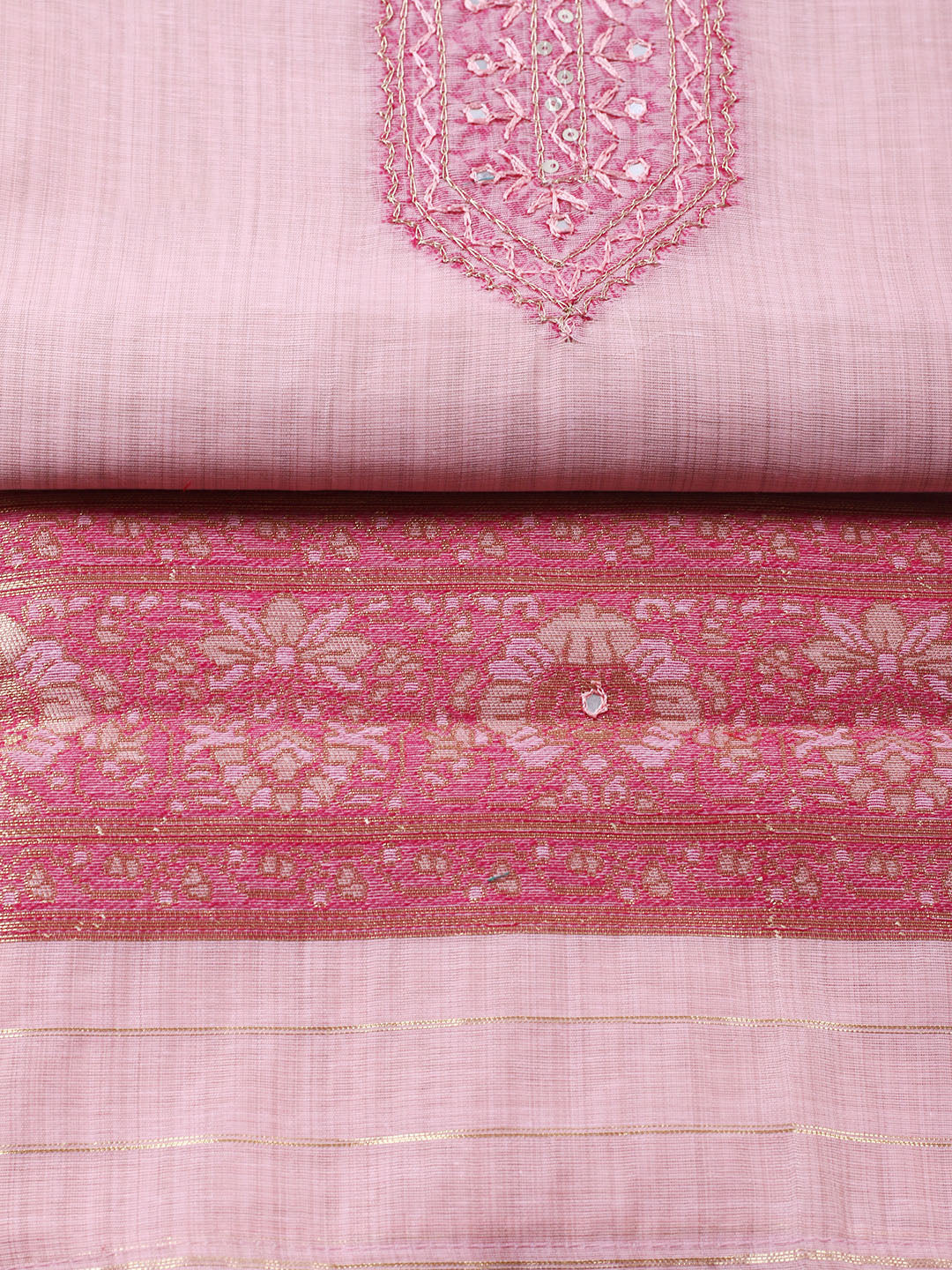 Embroidered Chanderi Unstitched Suit With Pant &amp; Dupatta
