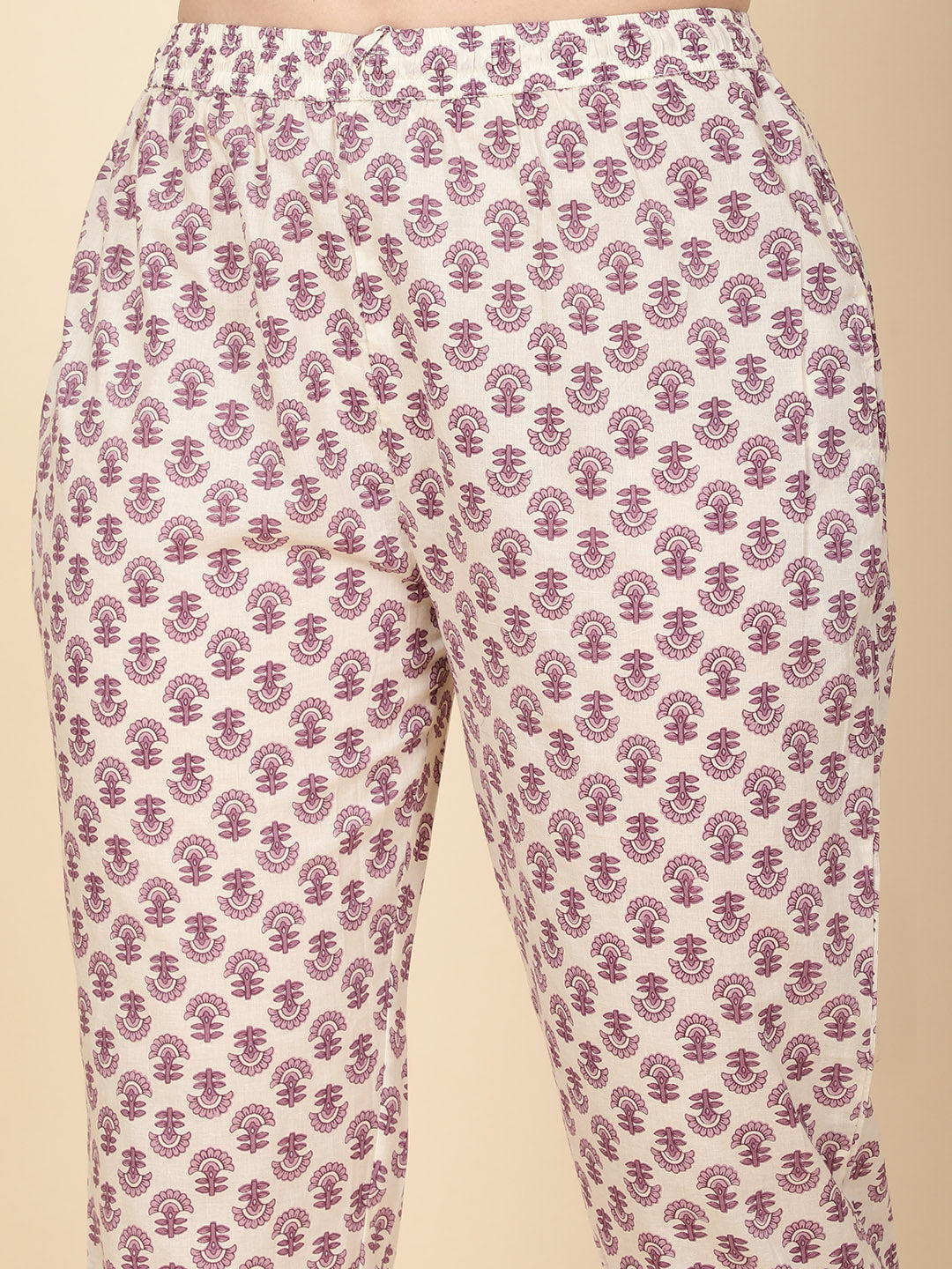 Floral Printed Cotton Blend Purple Cream Suit With Pant &amp; Dupatta