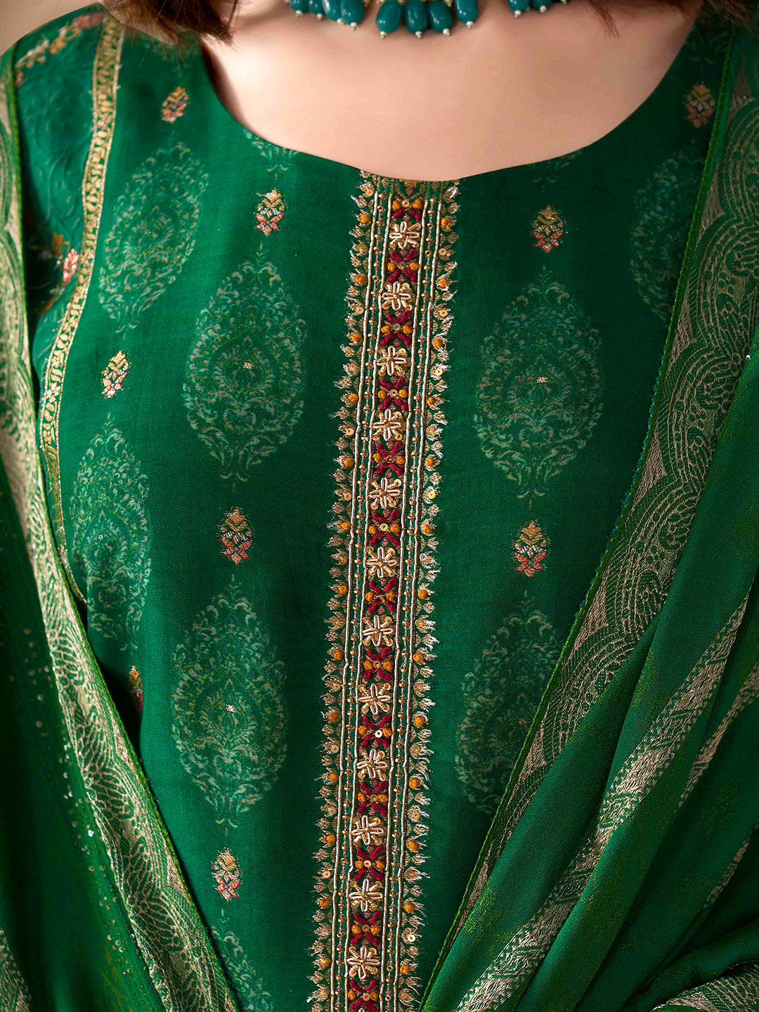 Embroidered Silk Kurta With Pant &amp; Dupatta