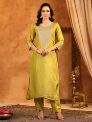 Neck Zari Embroidery Tissue Kurta With Pants & Dupatta