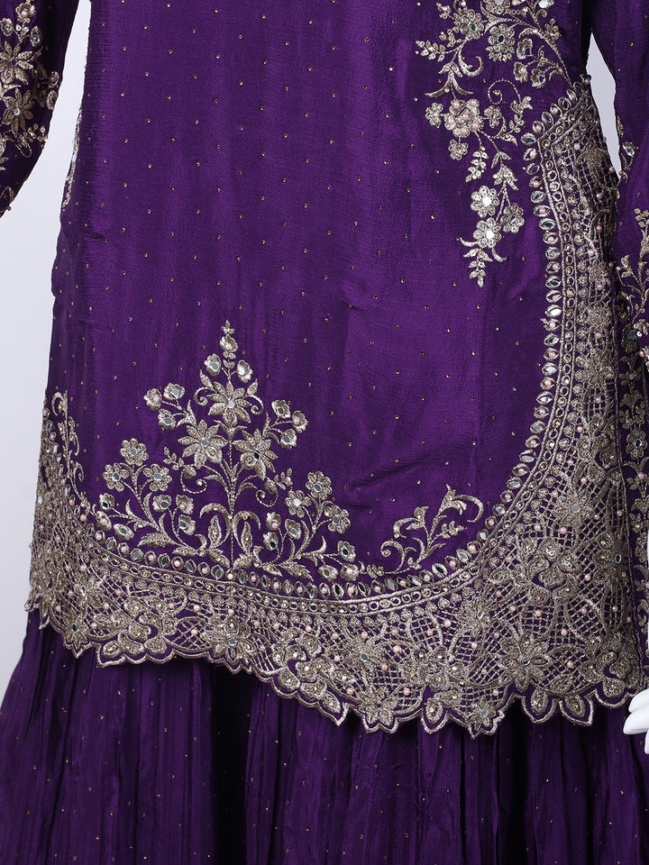 Zari Embroidered Chinon Kurti With Lehenga &amp; Dupatta
