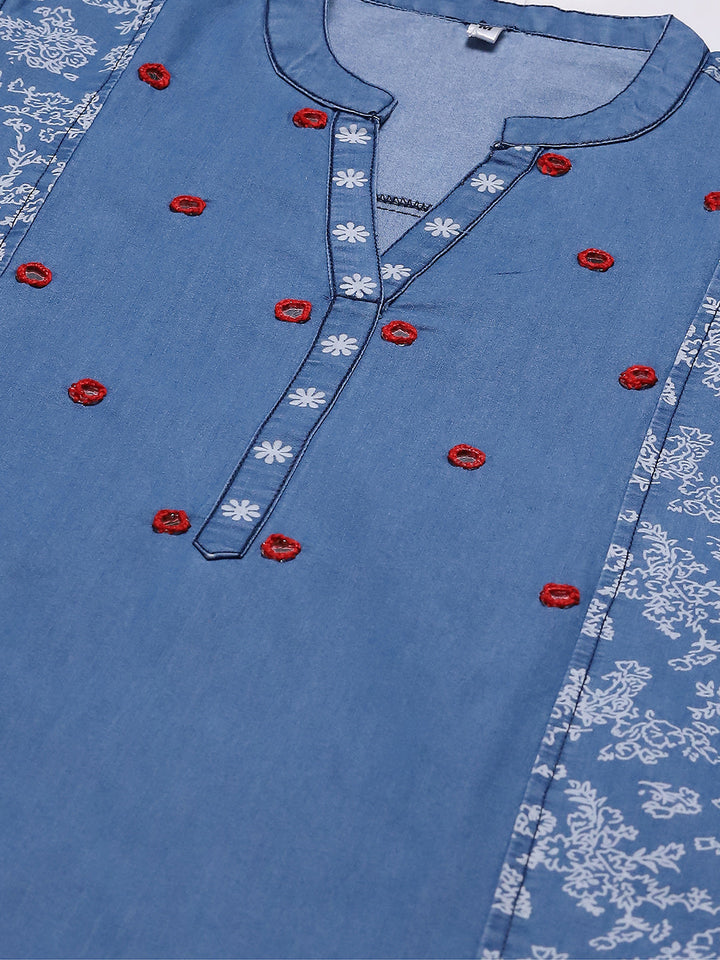 Neck Embroidered Denim Kurta