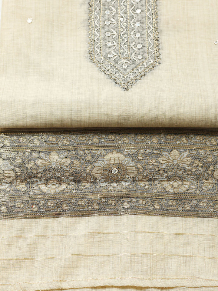 Embroidered Chanderi Unstitched Suit With Pant &amp; Dupatta