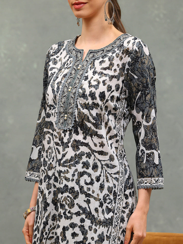 Printed Cotton Kurta With Pants &amp; Dupatta