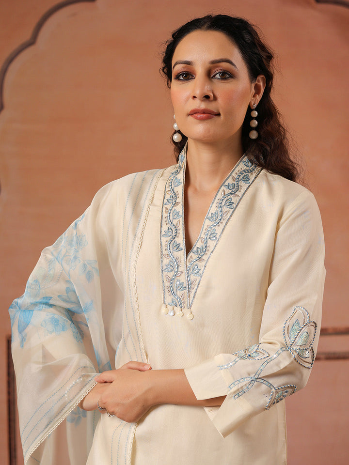 Embroidered Cotton Kurta With Pant &amp; Dupatta