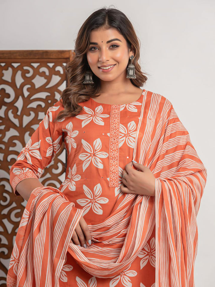 Brick Cotton Blend Printed Straight Suit Set
