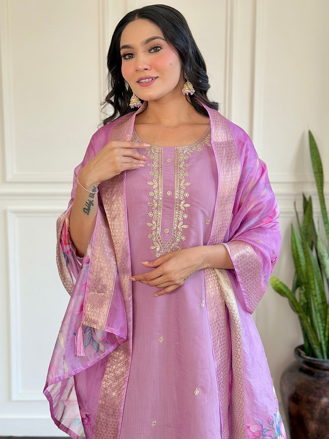 Neck Embroidery Cotton Blend Kurta With Pants &amp; Dupatta