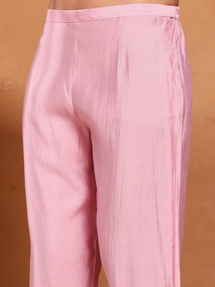 Pink Cotton Blend Embroidered A Line Suit Set