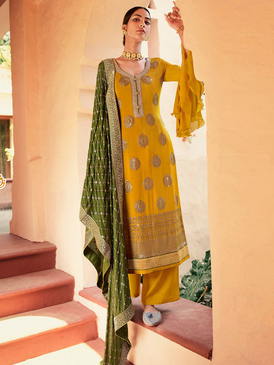 Zari Stone Embroidery Chinnon Semi Stitched Suit