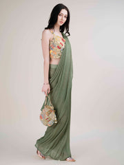 Plain Lycra Readymade Saree With Stitched Blouse