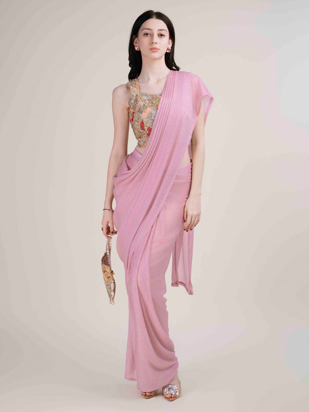 Plain Lycra Readymade Saree With Stitched Blouse