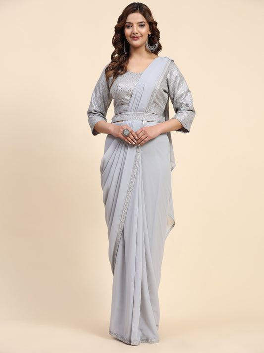 Plain Georgette Readymade Saree With Stitched Blouse & Belt