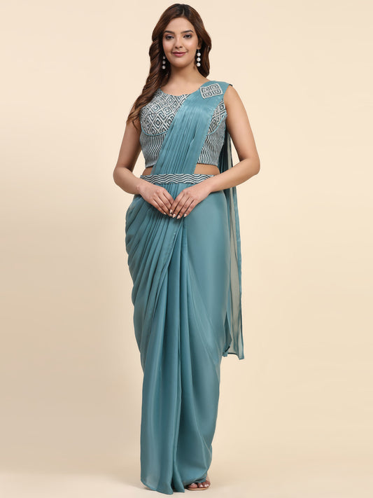 Plain Lycra Readymade Saree With Stitched Blouse With Belt