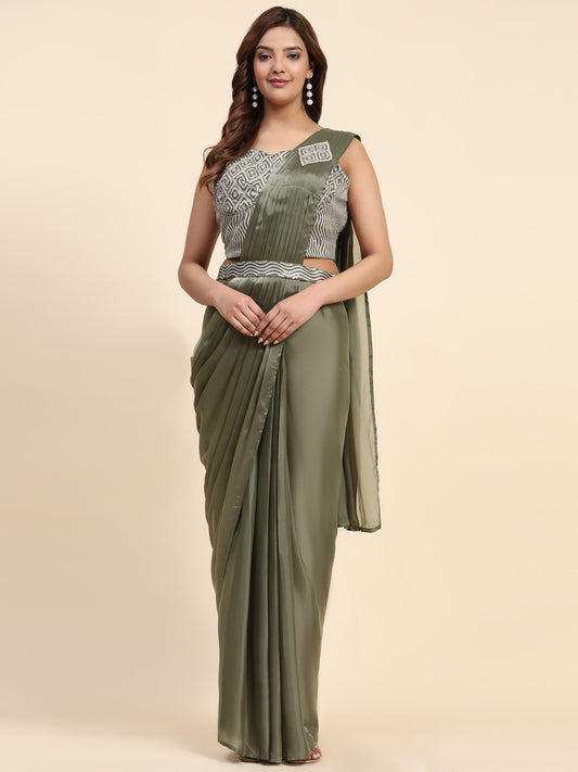 Plain Lycra Readymade Saree With Stitched Blouse With Belt