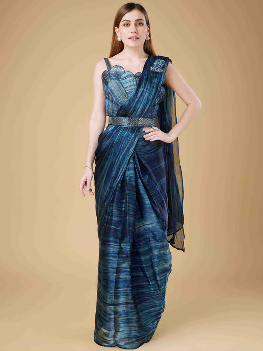 Printed Organza Readymade Saree With Stitched Blouse & Belt