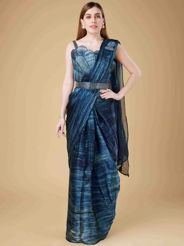 Printed Organza Readymade Saree With Stitched Blouse & Belt