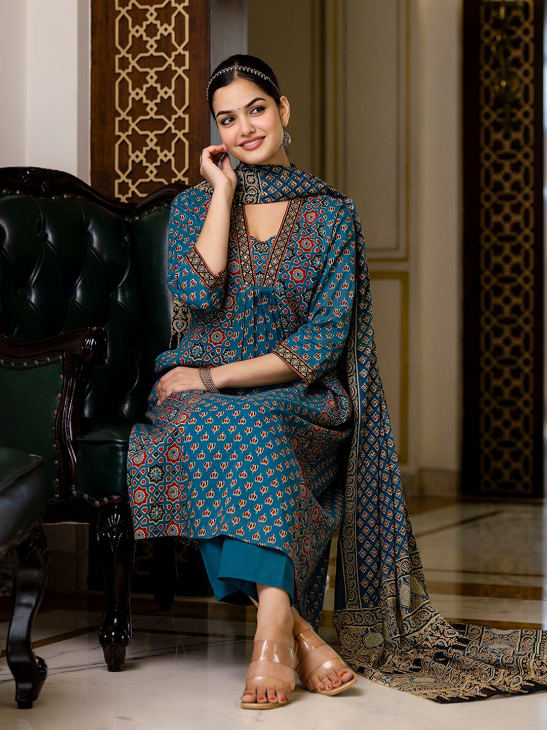 Printed Cotton Blend Kurta With Pants & Dupatta