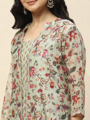 Floral Printed Cotton Gown Dress With Jacket