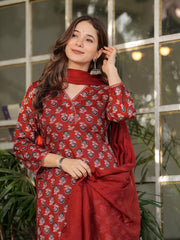 Neck Embroidery Cotton Blend Kurta With Pants & Dupatta