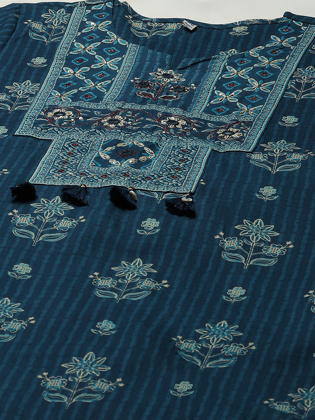 Blue Cotton Blend Printed A Line Suit Set