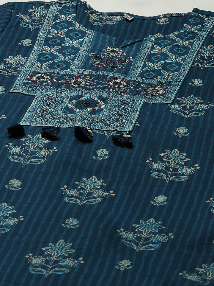 Blue Cotton Blend Printed A Line Suit Set