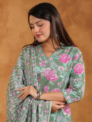 Printed Cotton Blend Kurta With Pants & Dupatta