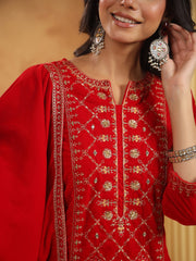 Neck Embroidered Velvet Kurta With Pants & Dupatta