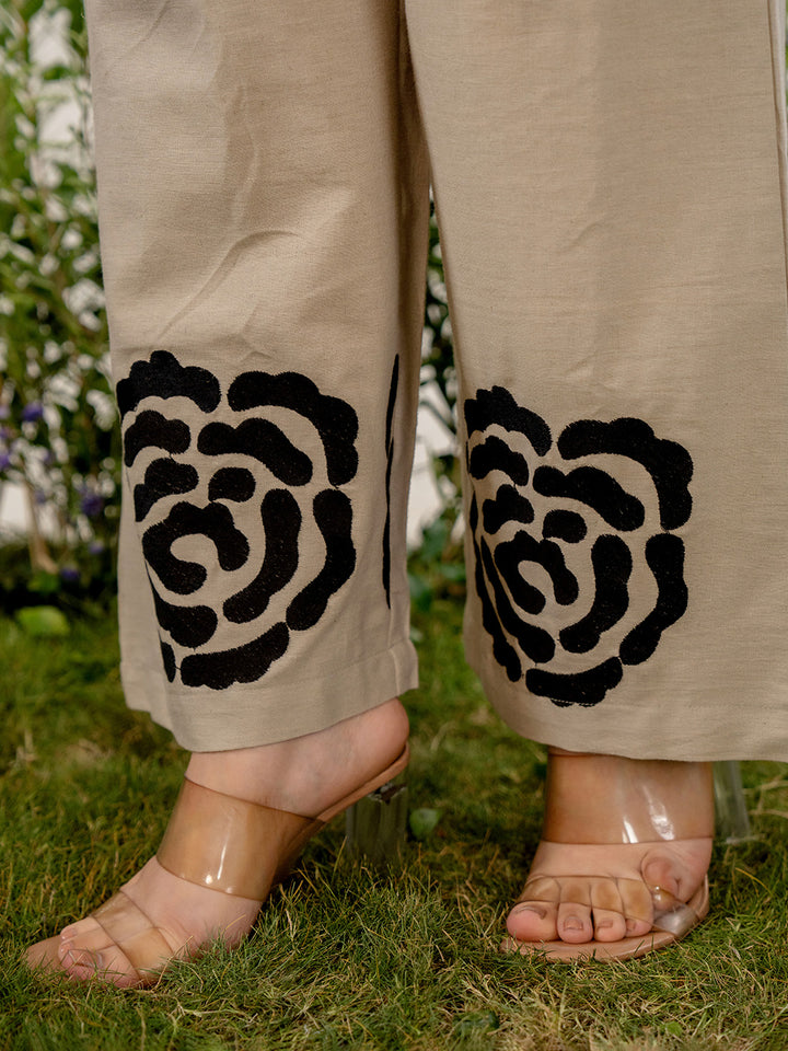 Beige Cotton Blend Printed Straight Kurta With Pant