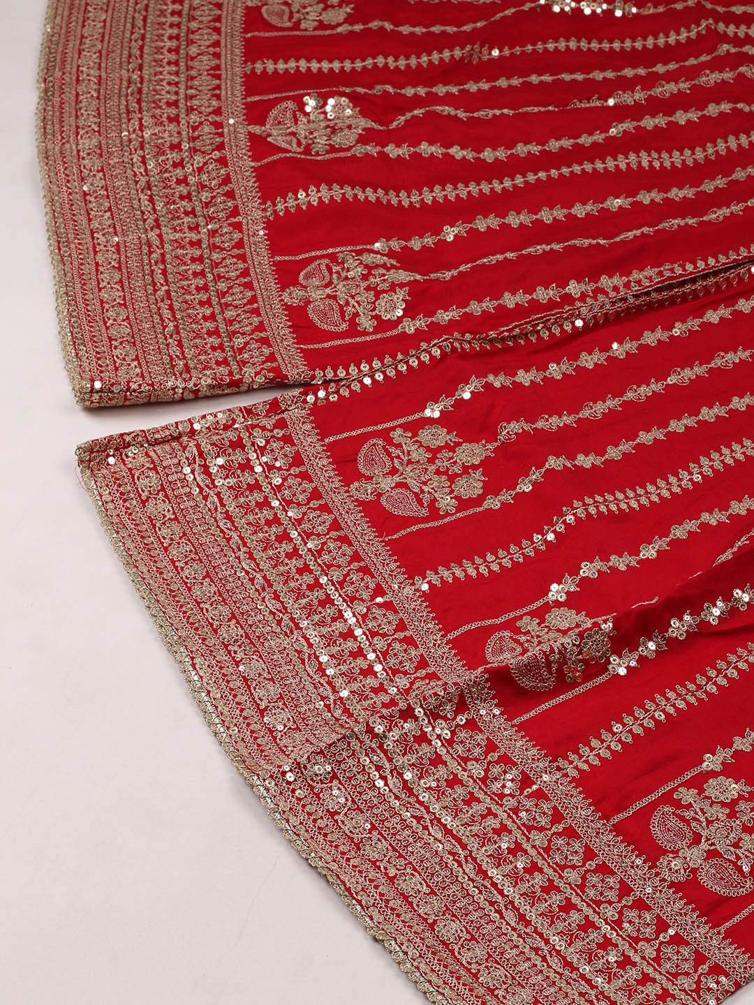 Embroidered Chinon Red Unstitched Suit With Pant &amp; Dupatta