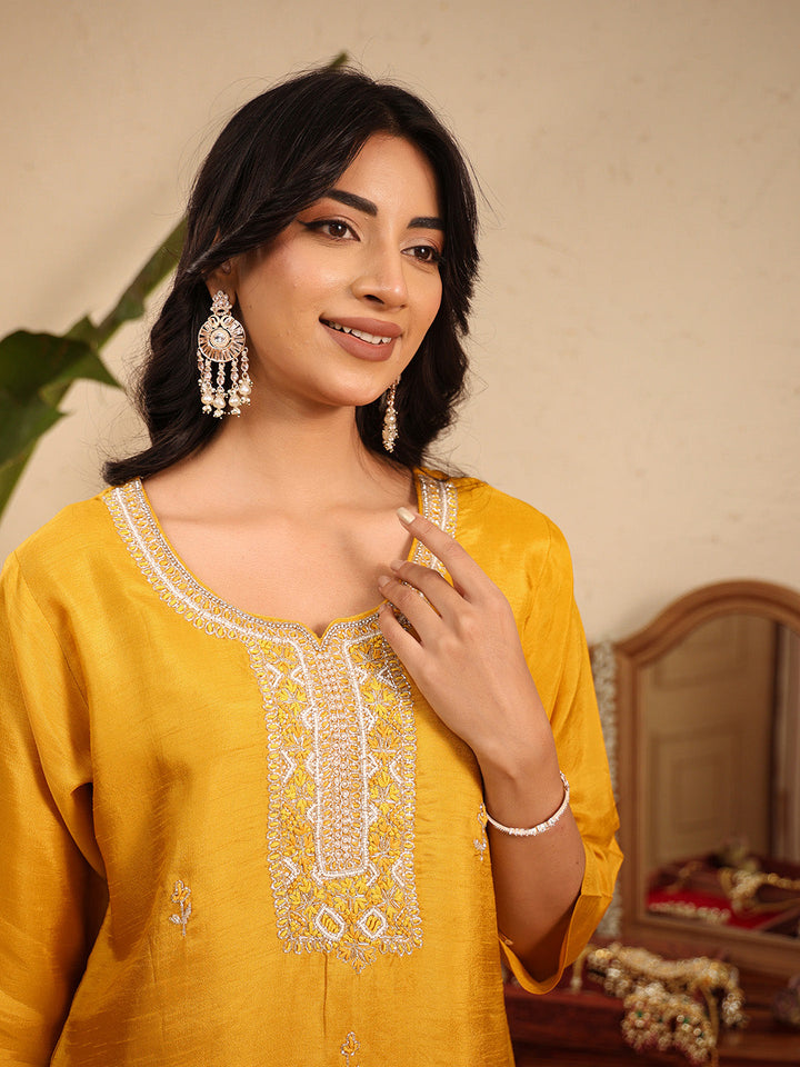 Embroidered Cotton Kurta With Pant &amp; Dupatta