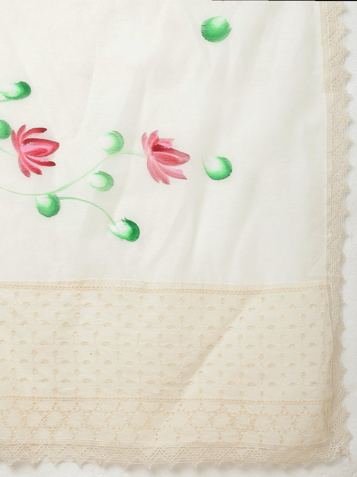 Floral Printed Cotton Kurta With Pants &amp; Dupatta
