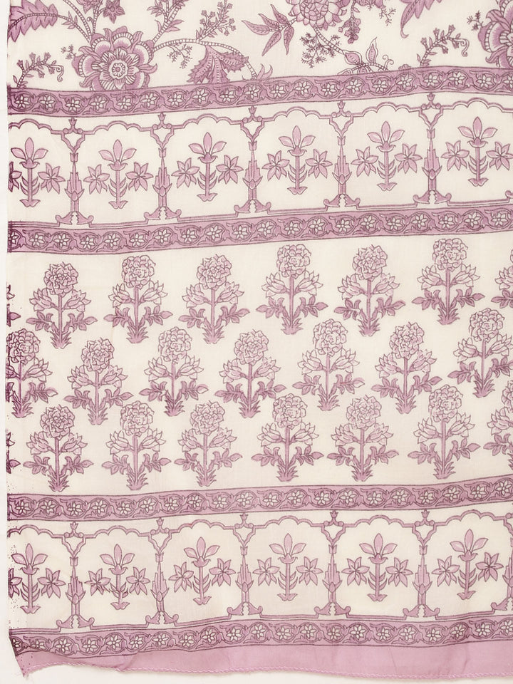 Floral Printed Cotton Blend Purple Cream Suit With Pant &amp; Dupatta