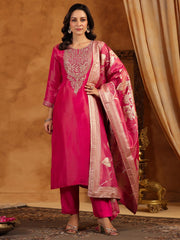 Neck Zari Embroidery Tissue Kurta With Pants & Dupatta