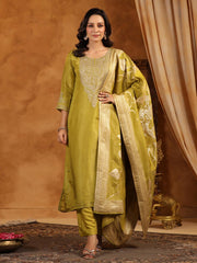 Neck Zari Embroidery Tissue Kurta With Pants & Dupatta