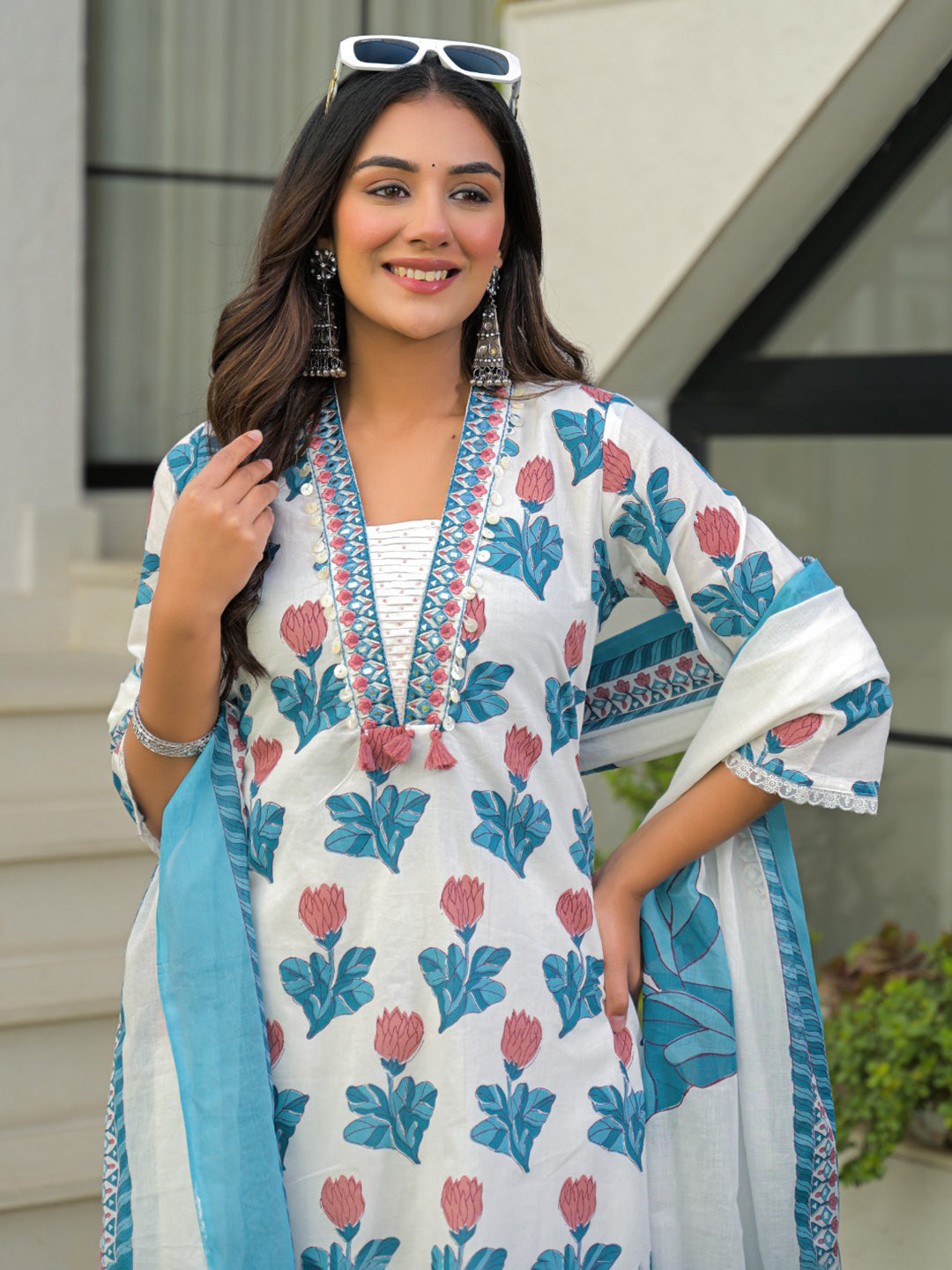 Blue Printed Cotton Blend Straight Suit Set With Dupatta