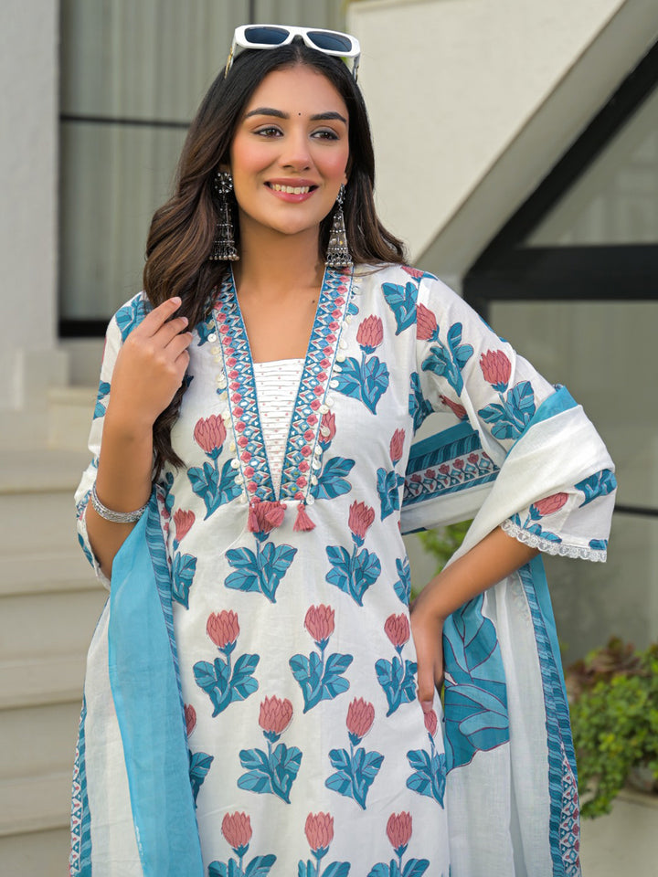 Blue Printed Cotton Blend Straight Suit Set With Dupatta