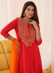 Neck Embroidered Art Silk Kurta With Pants & Dupatta