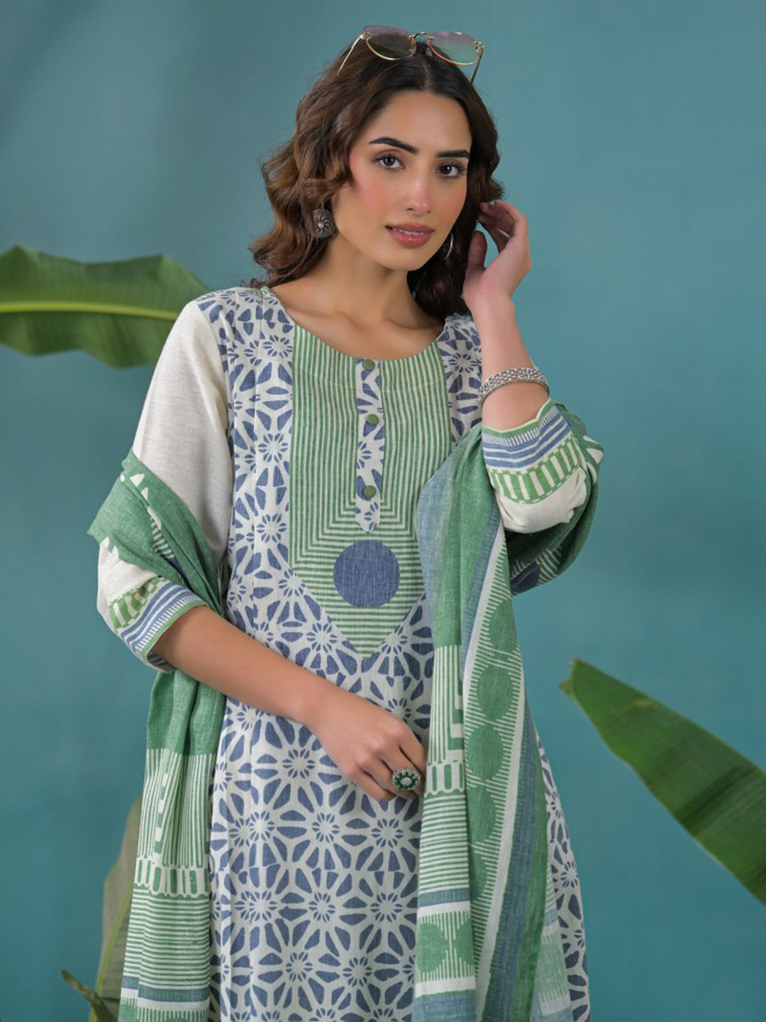 Cream Cotton Blend Printed Straight Suit Set