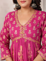 Floral Printed Cotton Blend Kurta With Pants & Dupatta