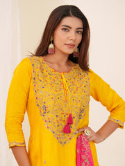 Neck Embroidered Art Silk Kurta With Pants & Dupatta