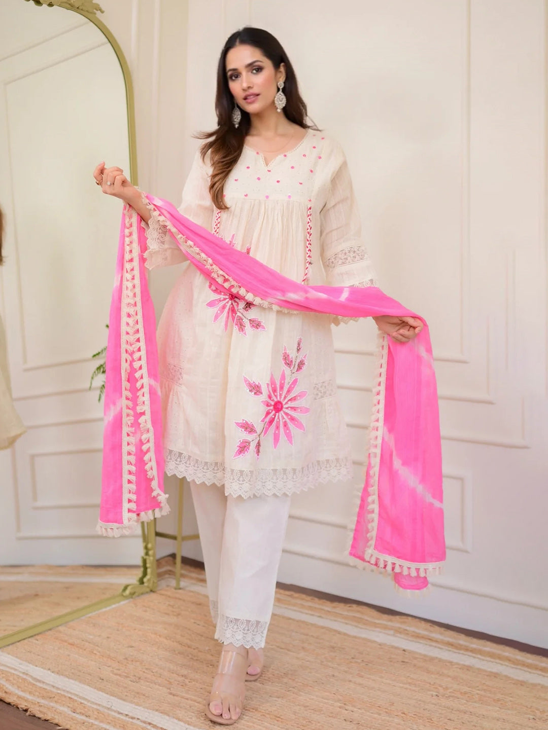 Embroidered Cotton Kurta With Pant &amp; Dupatta