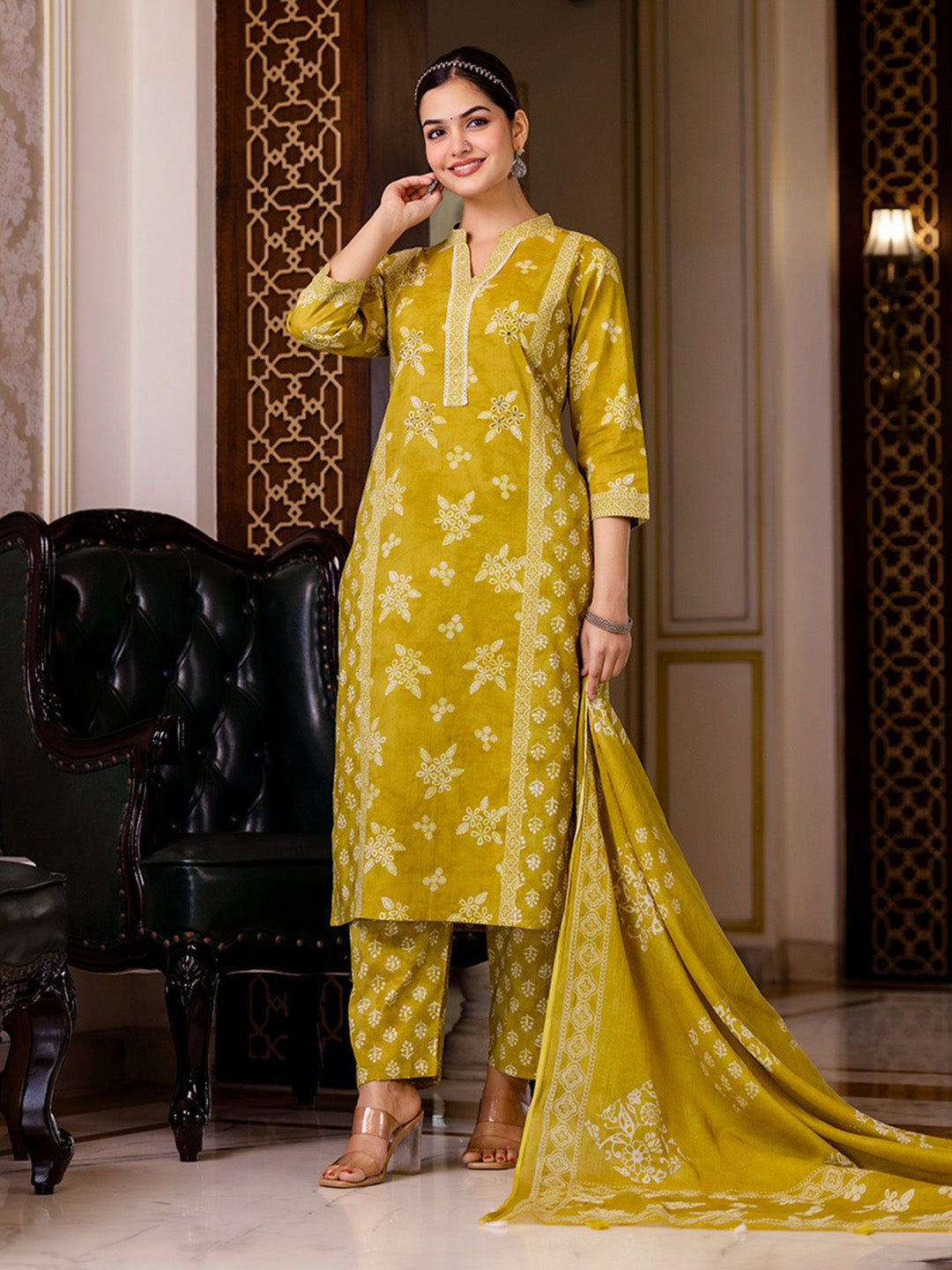 Printed Cotton Blend Kurta With Pants & Dupatta