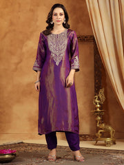 Neck Zari Embroidery Tissue Kurta With Pants & Dupatta