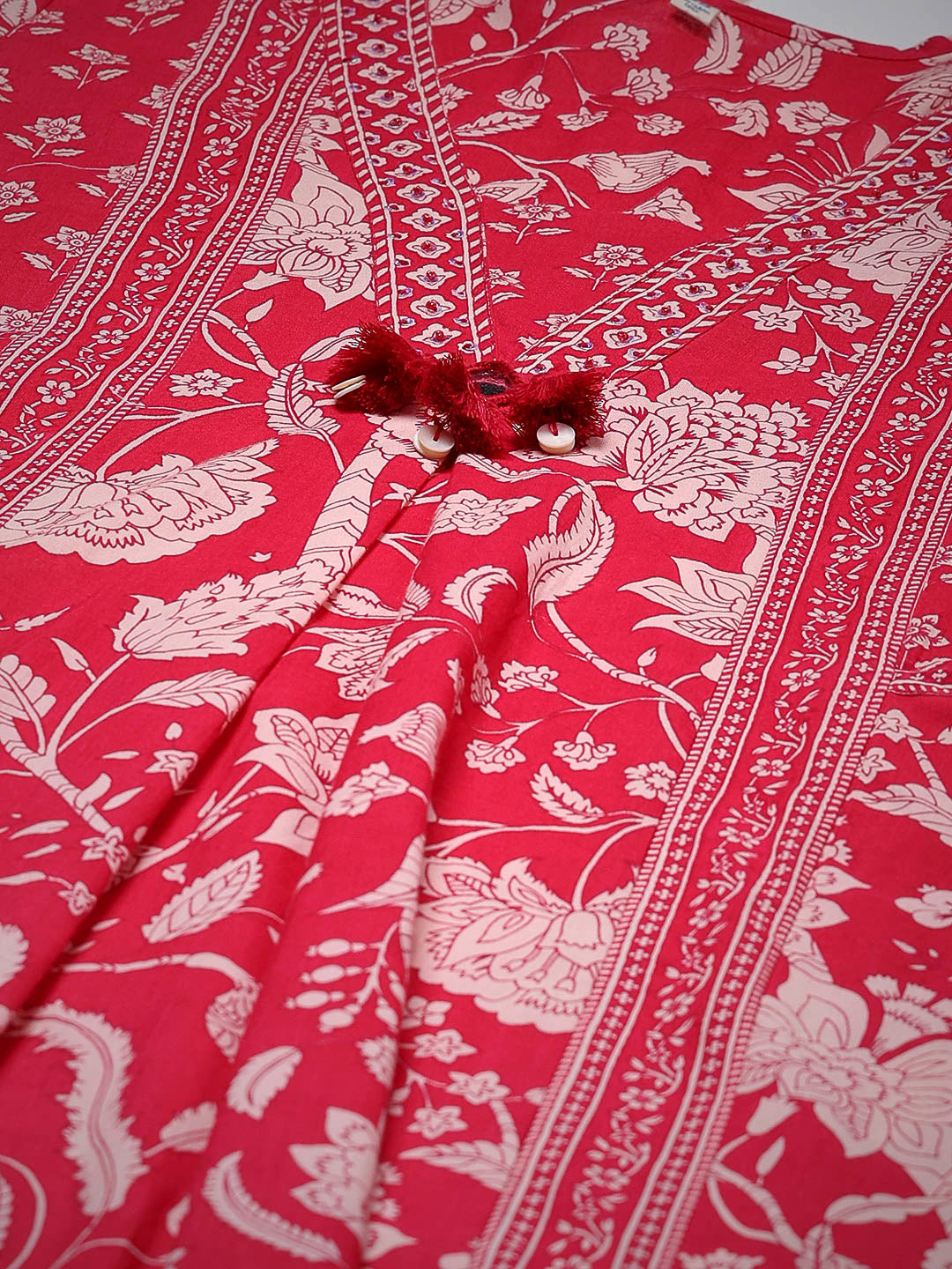 Hot Pink Cotton Blend Printed A Line Suit Set