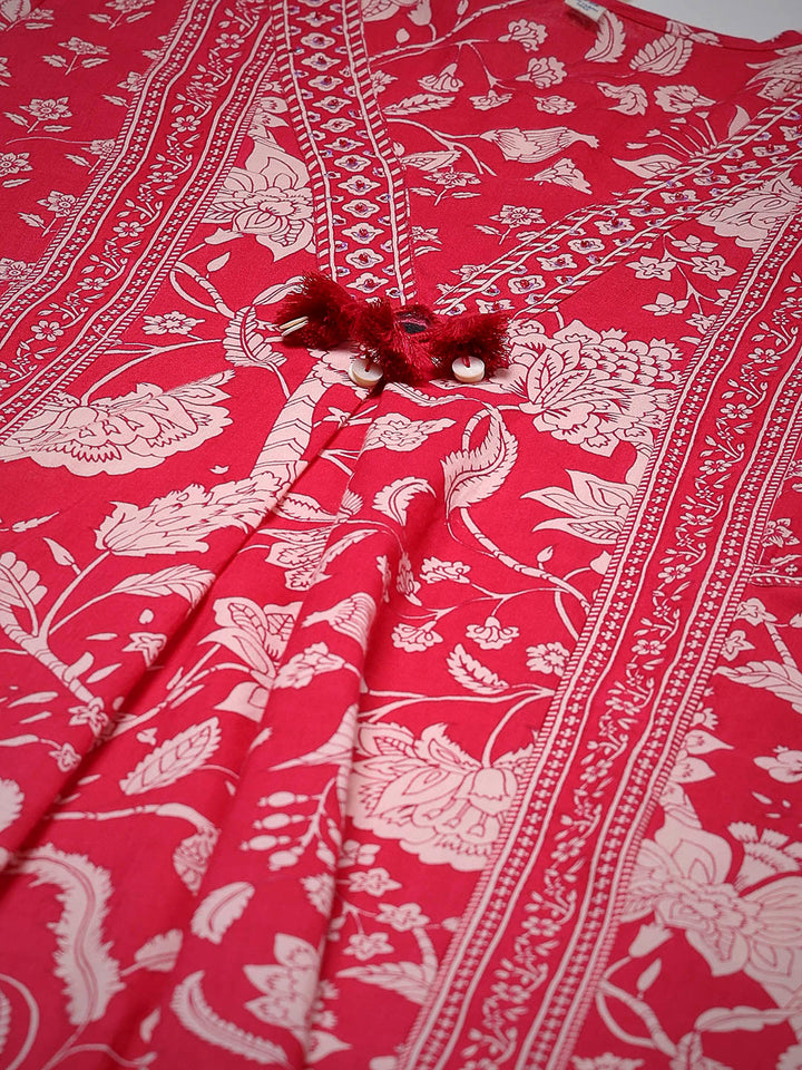 Hot Pink Cotton Blend Printed A Line Suit Set