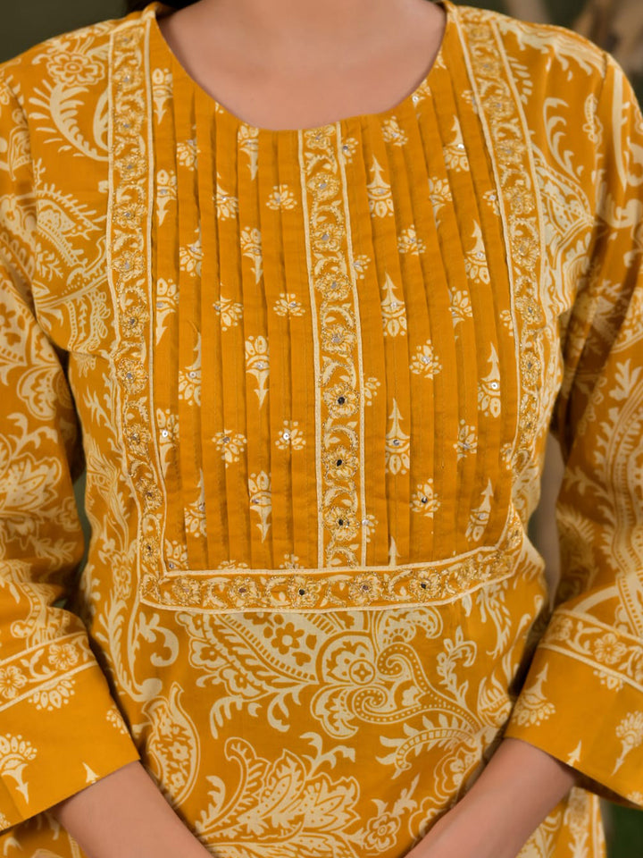 Yellow Embroidered Cotton Blend Straight Suit Set With Dupatta